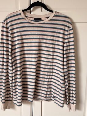 Duchamp White Long-Sleeve Crewneck with Teal and Rust Stripes